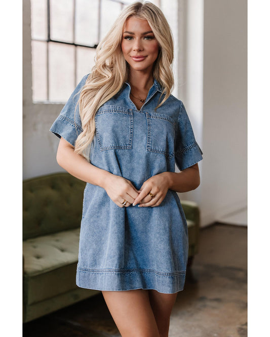 Beau Blue Collared Patched Pocket Denim Mini Dress