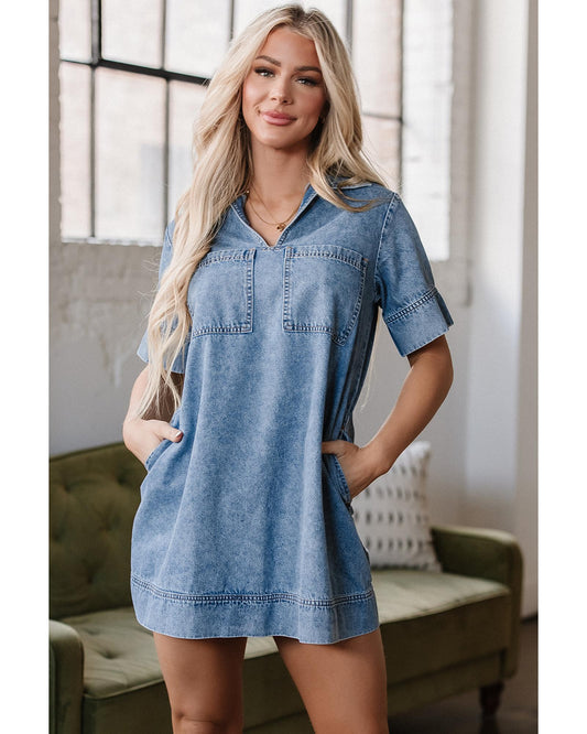 Beau Blue Collared Patched Pocket Denim Mini Dress