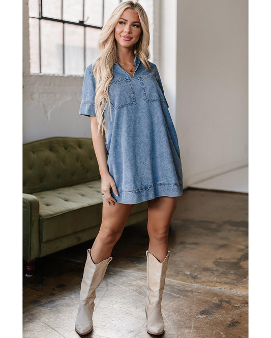 Beau Blue Collared Patched Pocket Denim Mini Dress