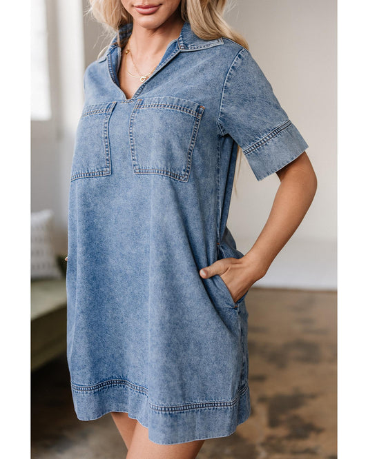 Beau Blue Collared Patched Pocket Denim Mini Dress