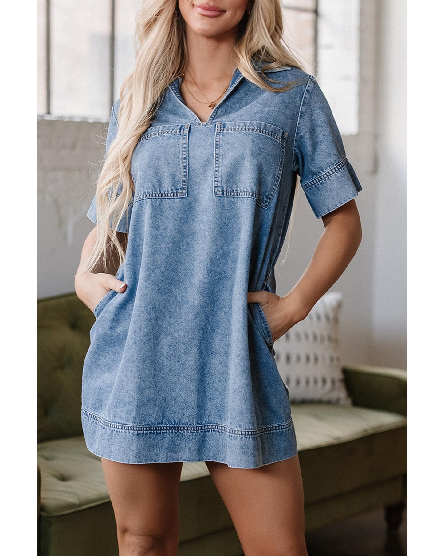 Beau Blue Collared Patched Pocket Denim Mini Dress