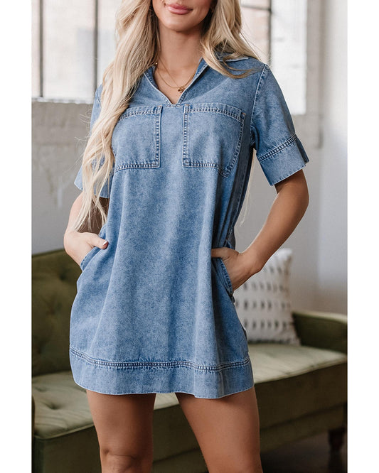 Beau Blue Collared Patched Pocket Denim Mini Dress