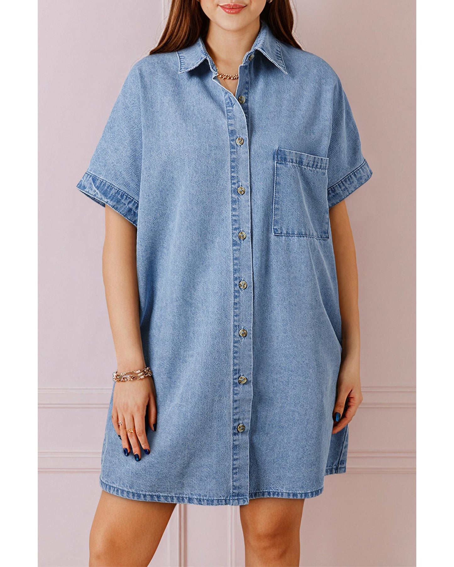 Short Sleeve Pocketed Button Up Denim Tunic Dress
