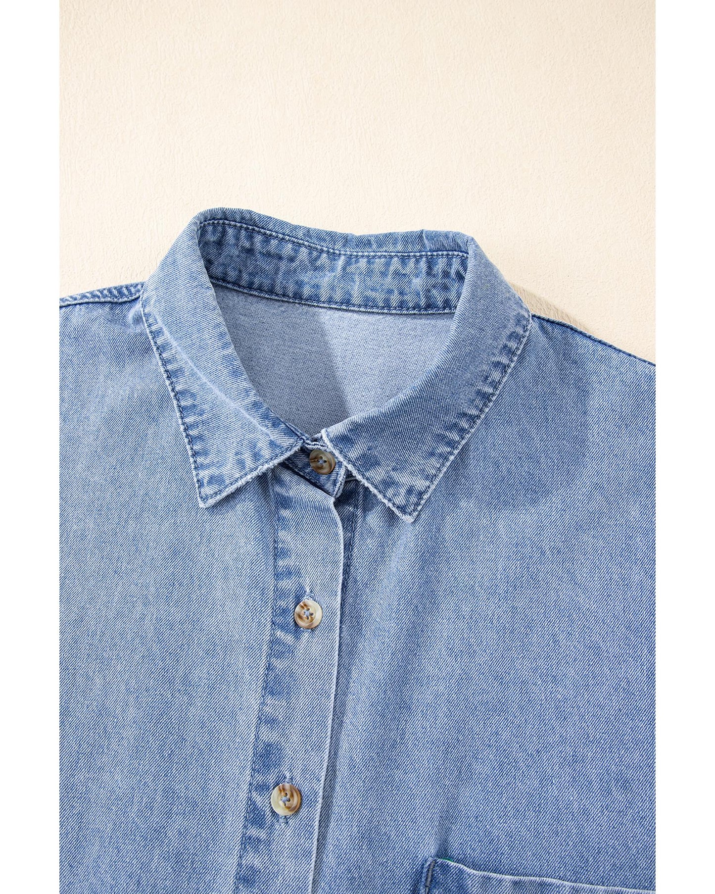 Short Sleeve Pocketed Button Up Denim Tunic Dress