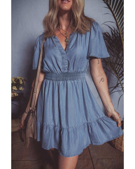 Ashleigh Ruffled V-Neck Smocked High-Waist Denim Mini Dress