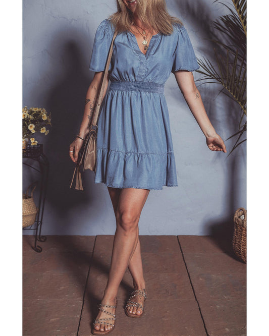 Ashleigh Ruffled V-Neck Smocked High-Waist Denim Mini Dress