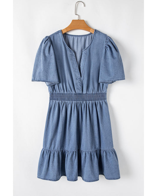 Ashleigh Ruffled V-Neck Smocked High-Waist Denim Mini Dress