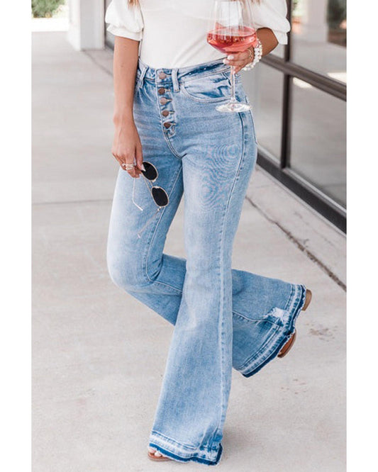 Buttoned Distressed Flared Jeans