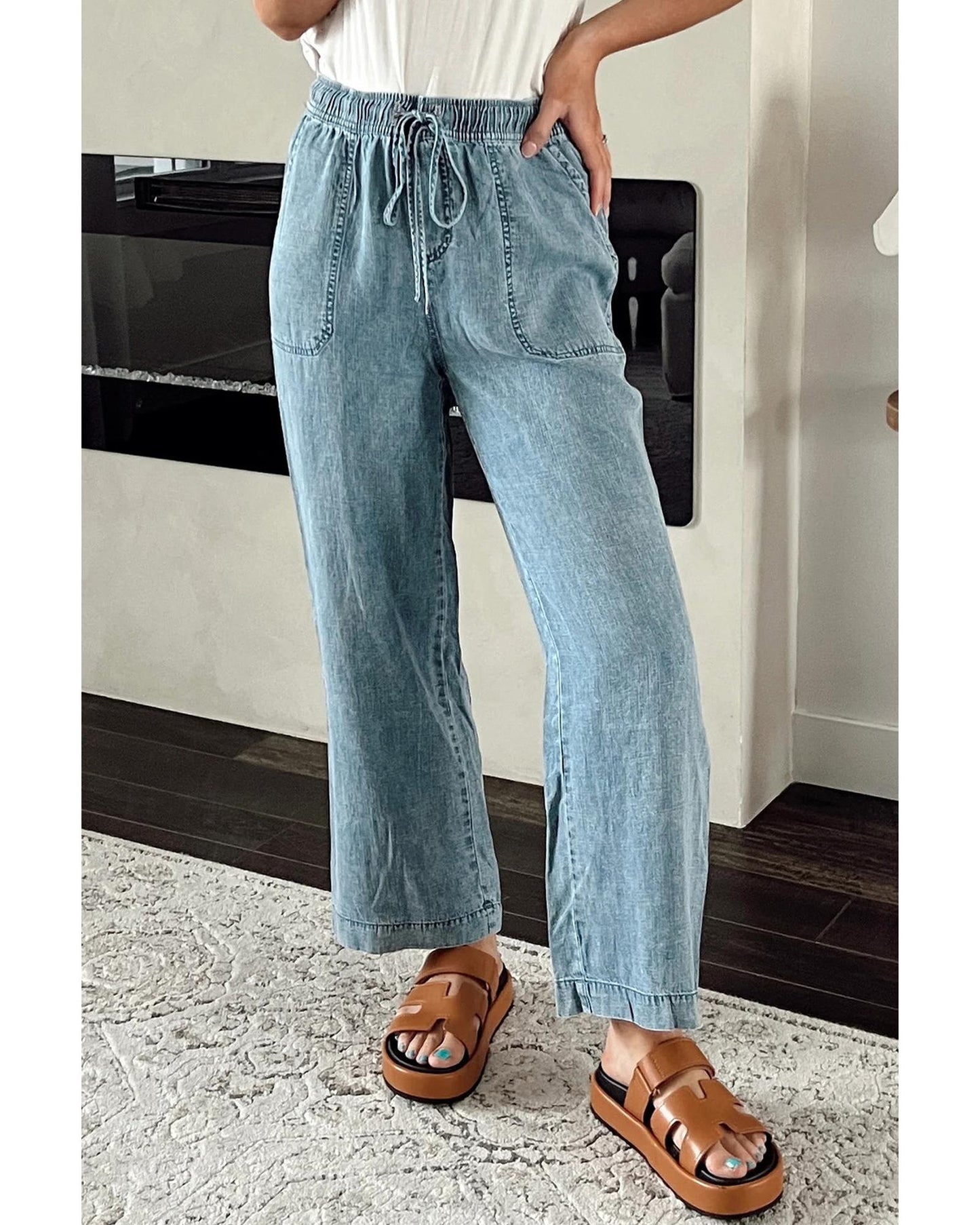 Mineral Wash Drawstring Loose Straight Denim
