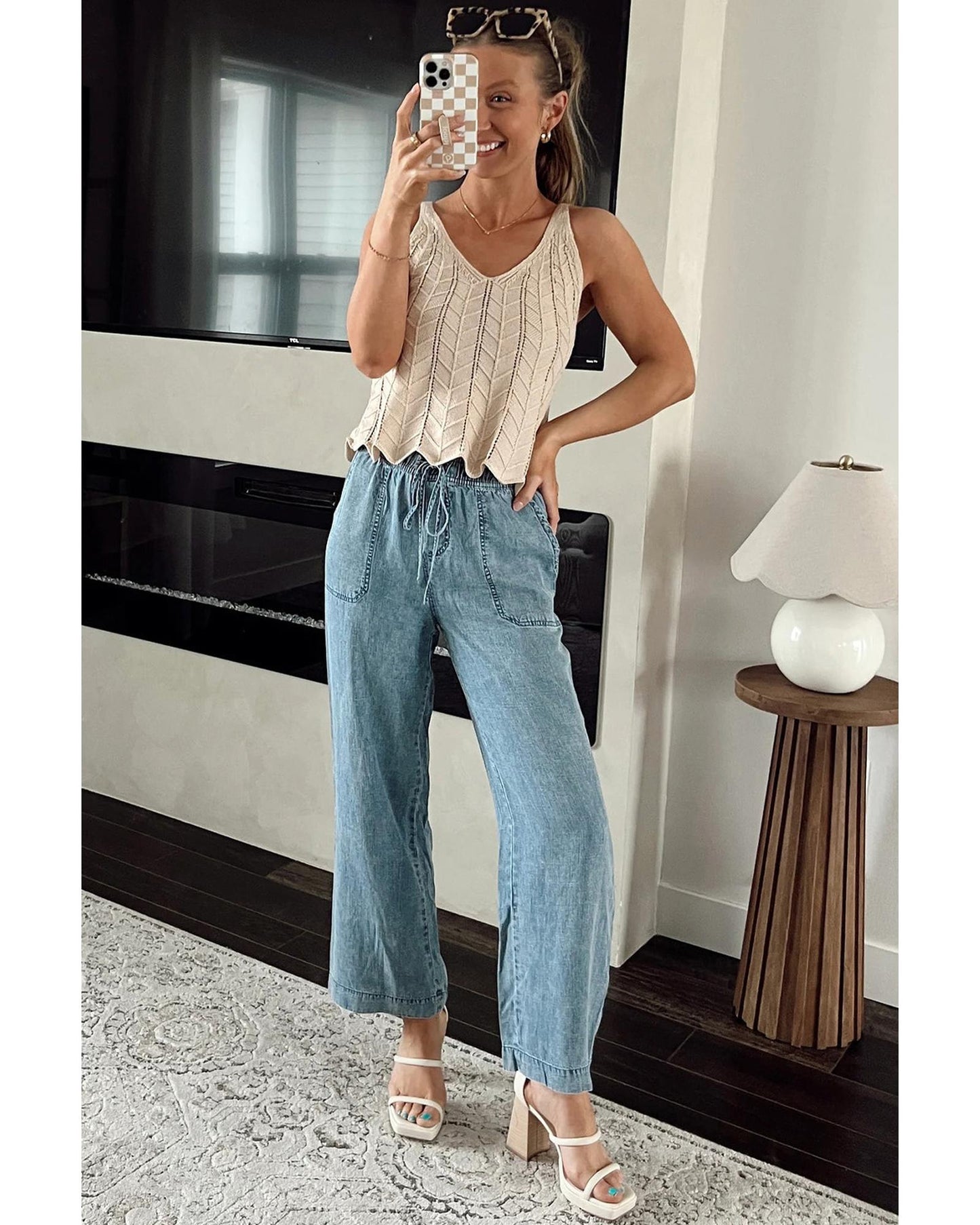 Mineral Wash Drawstring Loose Straight Denim