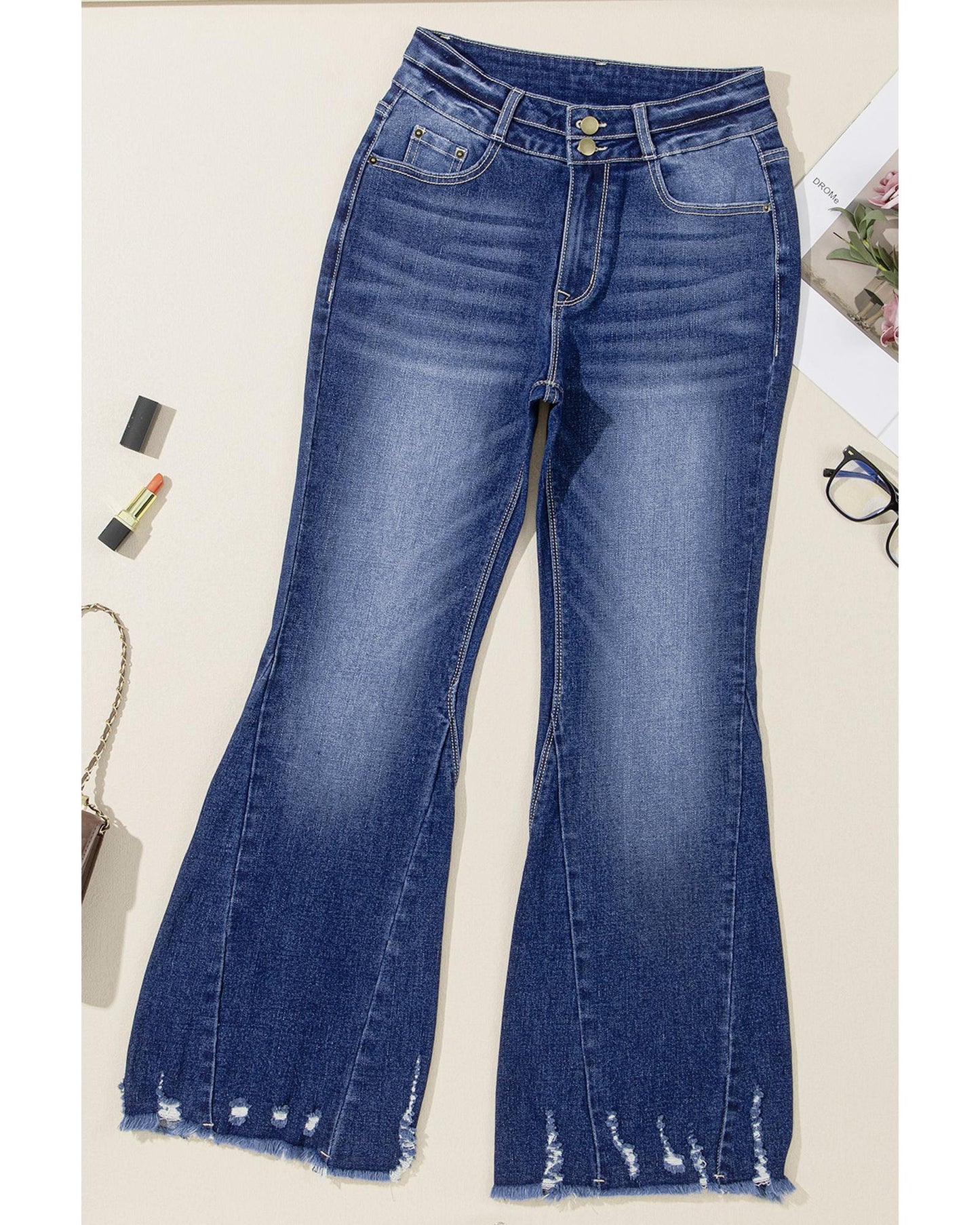 Sail Blue Distressed Raw Hem Flared Jeans