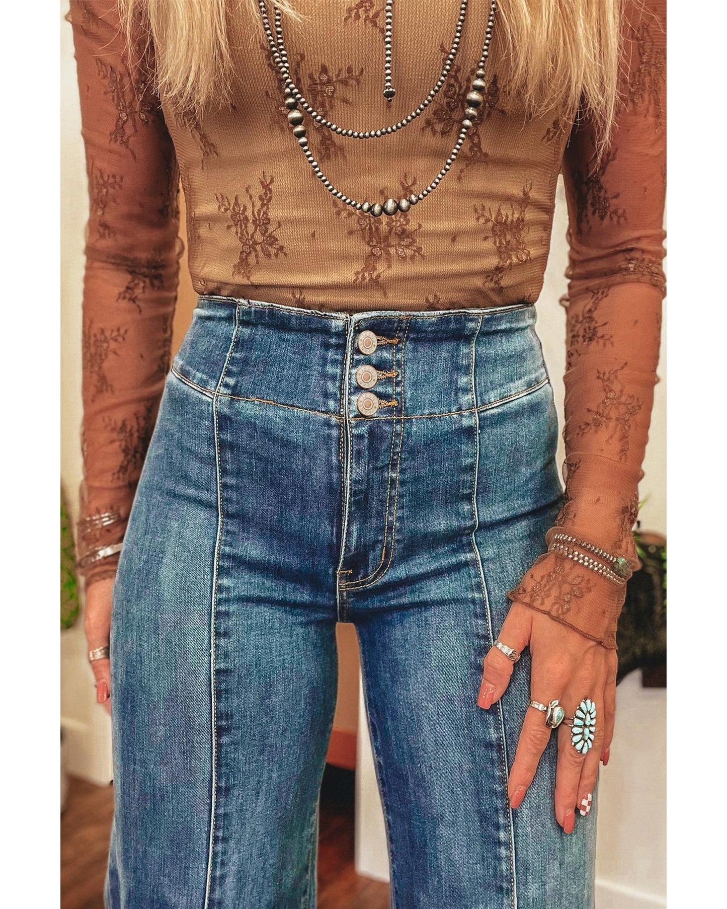 Sail Blue High Waist Button Fly Flare Jeans