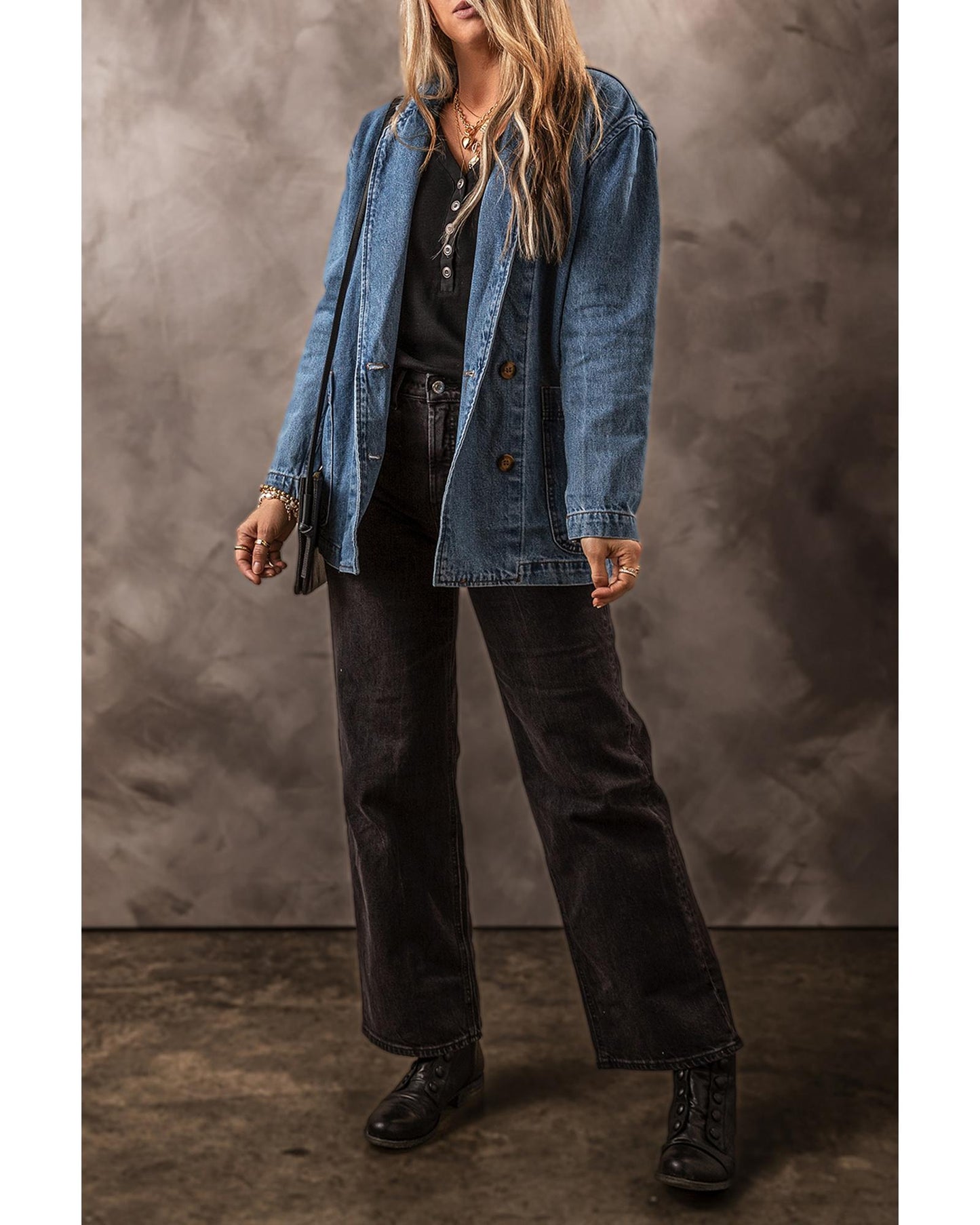 Black Side Pockets Lapel Collar Denim Jacket - 2XL