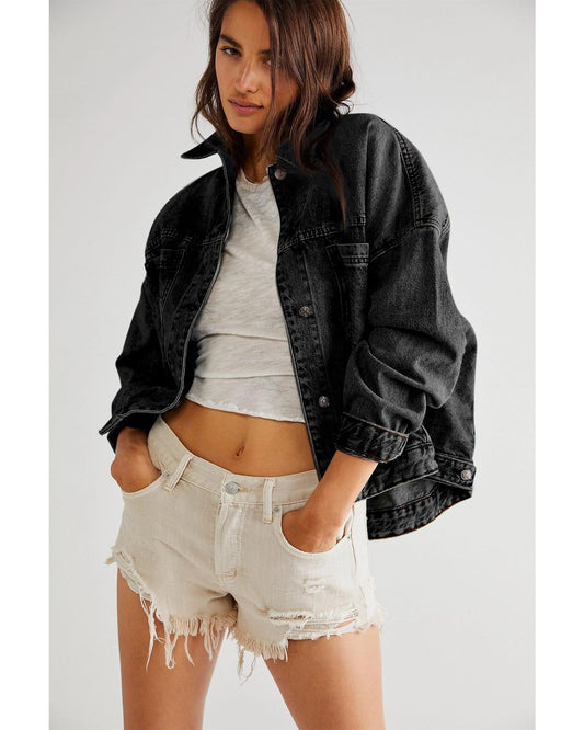 Wild Wind Washed Oversize Pocketed Denim Jacket - M