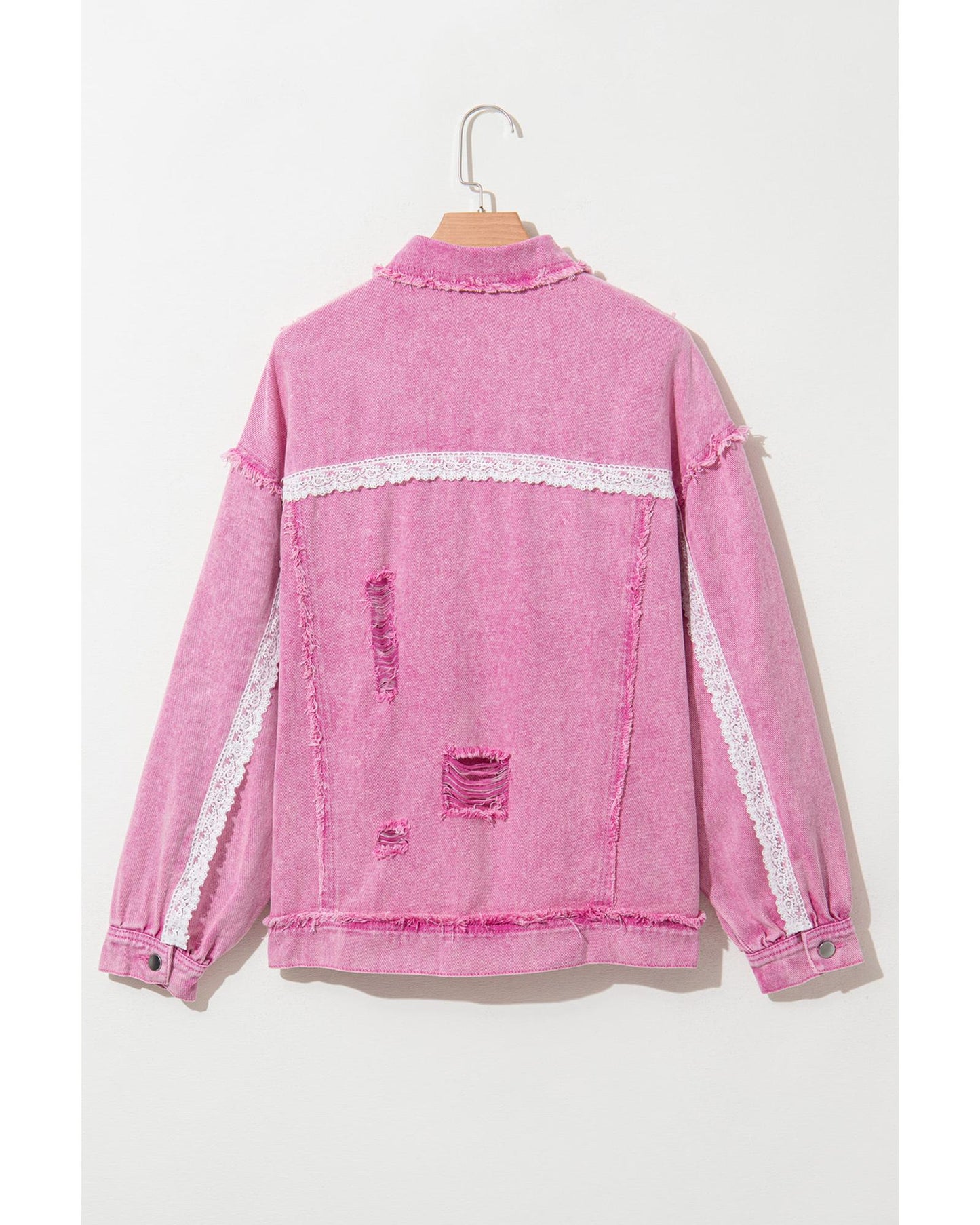 Pink Lace Patchwork Distressed Buttoned Denim Jacket - M