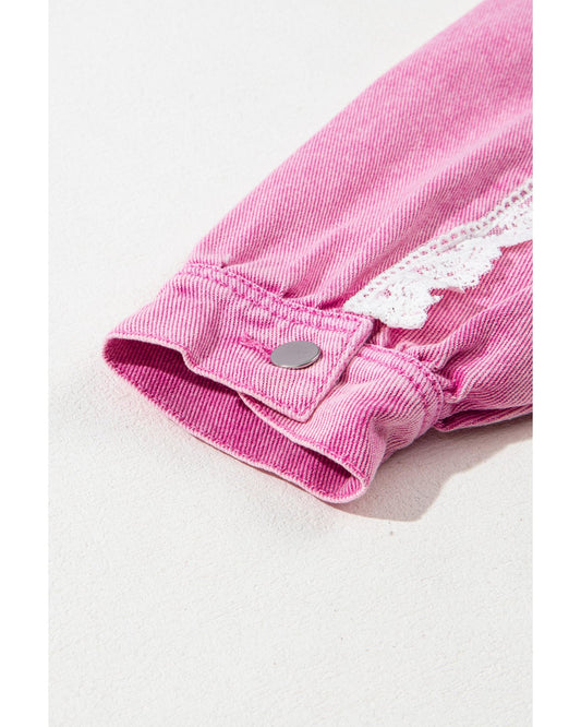 Pink Lace Patchwork Distressed Buttoned Denim Jacket - M