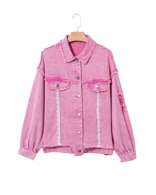 Pink Lace Patchwork Distressed Buttoned Denim Jacket - S