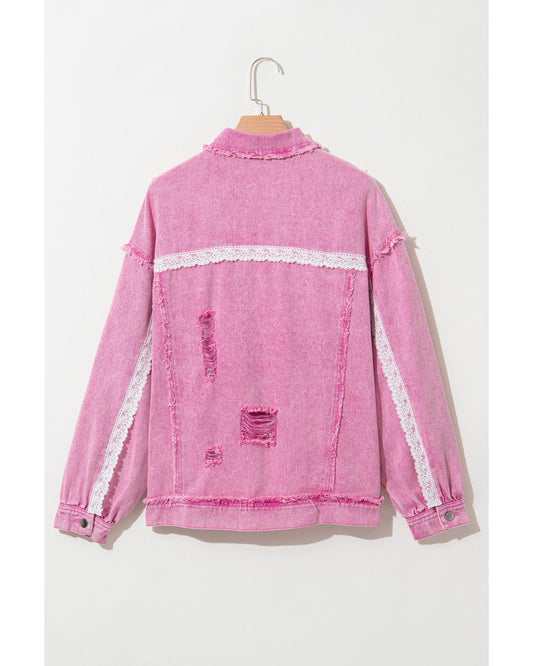 Pink Lace Patchwork Distressed Buttoned Denim Jacket - S