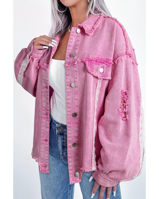 Pink Lace Patchwork Distressed Buttoned Denim Jacket - S