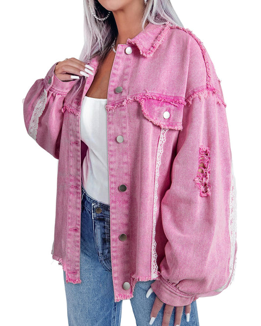 Pink Lace Patchwork Distressed Buttoned Denim Jacket - XL