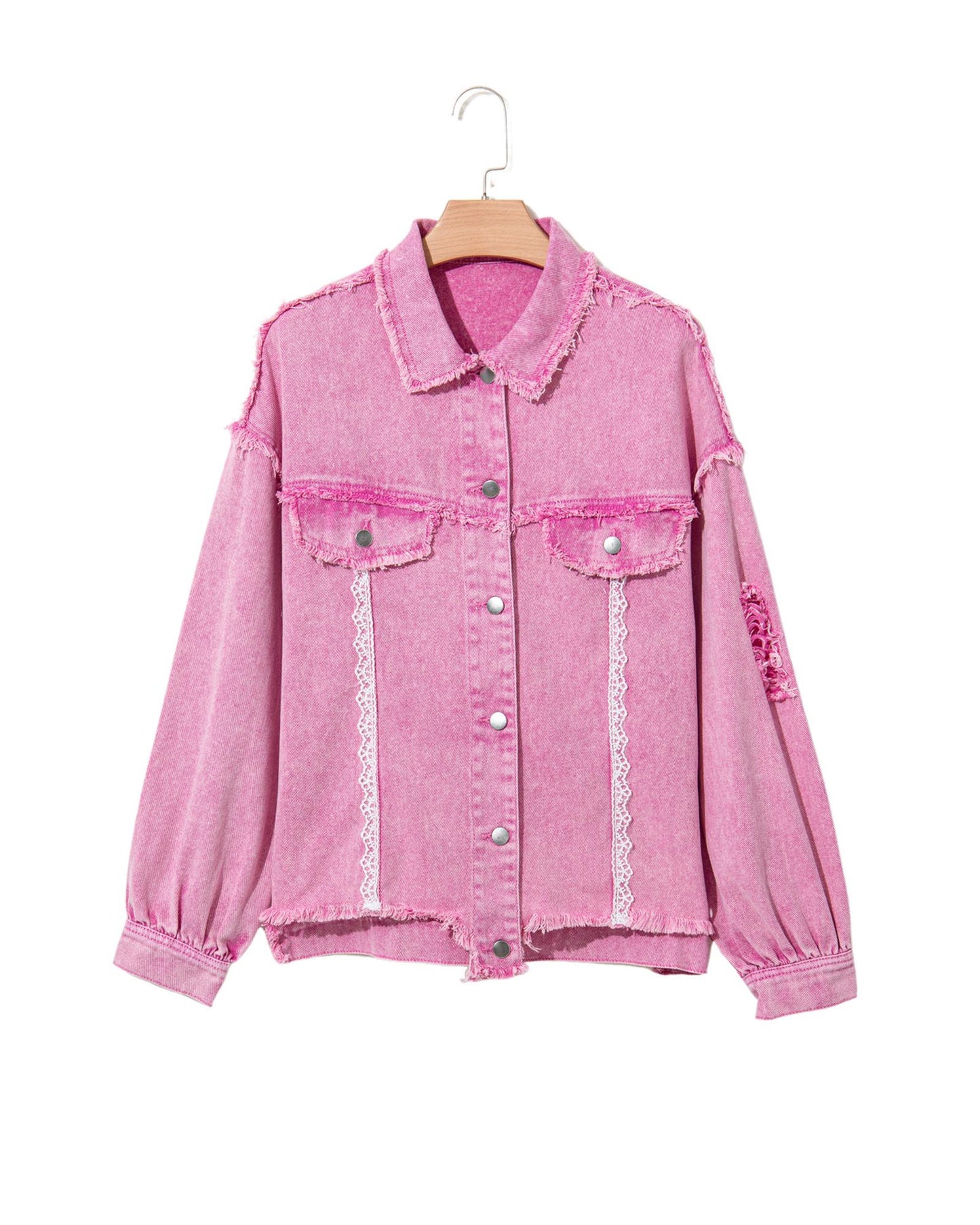 Pink Lace Patchwork Distressed Buttoned Denim Jacket - XL