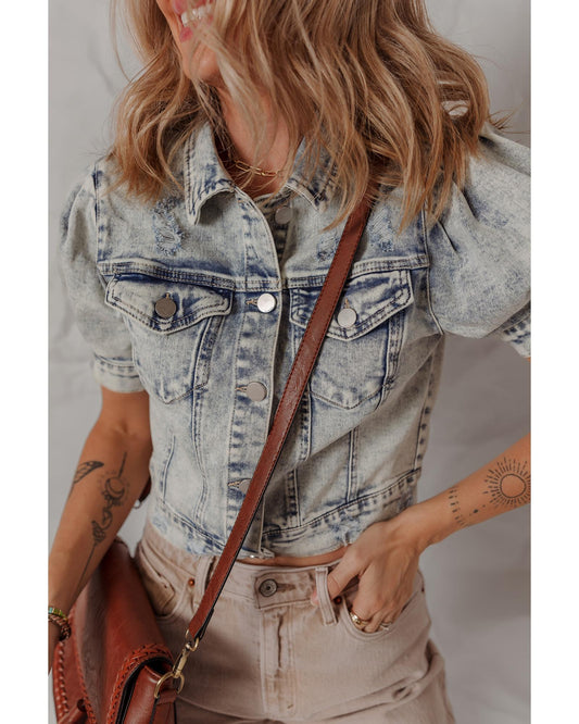 Beau Blue Light Wash Buttoned Chest Pocket Puff Sleeve Denim Jacket - XL
