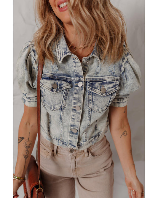 Beau Blue Light Wash Buttoned Chest Pocket Puff Sleeve Denim Jacket - XL