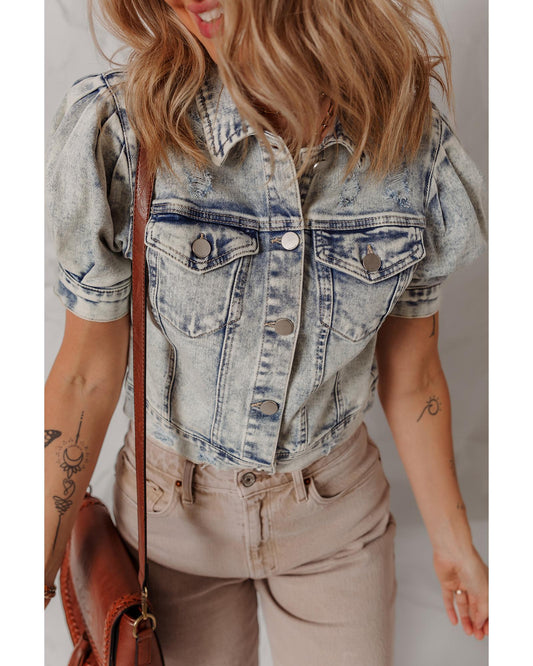 Beau Blue Light Wash Buttoned Chest Pocket Puff Sleeve Denim Jacket - XL