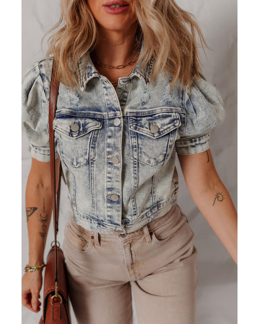 Beau Blue Light Wash Buttoned Chest Pocket Puff Sleeve Denim Jacket - XL