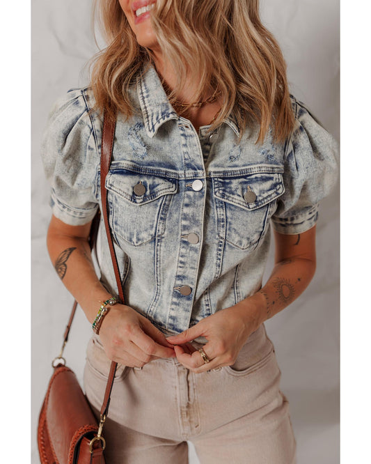 Beau Blue Light Wash Buttoned Chest Pocket Puff Sleeve Denim Jacket - XL