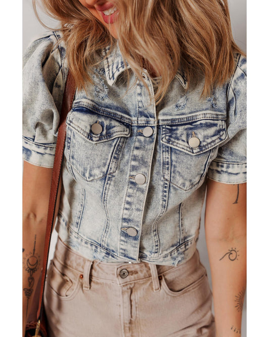 Beau Blue Light Wash Buttoned Chest Pocket Puff Sleeve Denim Jacket - XL