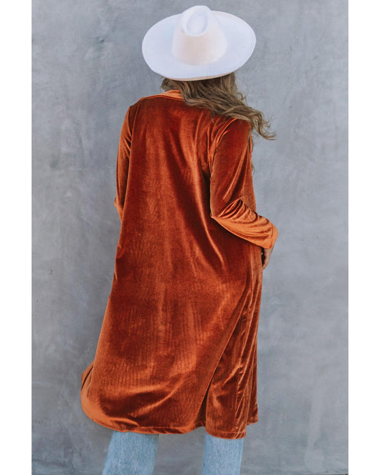 Brown Retro Velvet Long Sleeve Pocket Coat - M