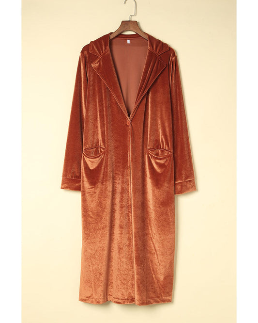 Brown Retro Velvet Long Sleeve Pocket Coat - M