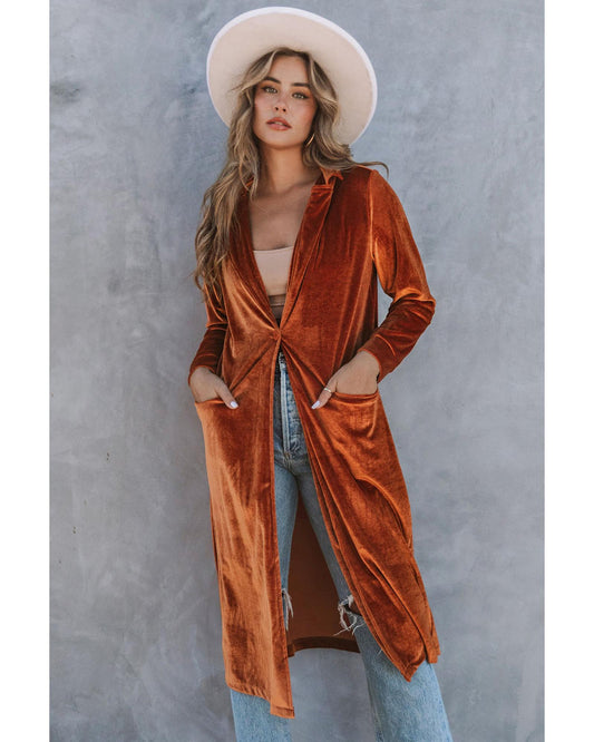 Brown Retro Velvet Long Sleeve Pocket Coat - M