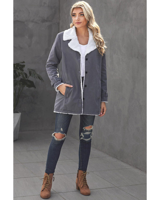 Gray Lapel Collar Button Fleece Jacket