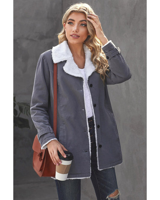 Gray Lapel Collar Button Fleece Jacket