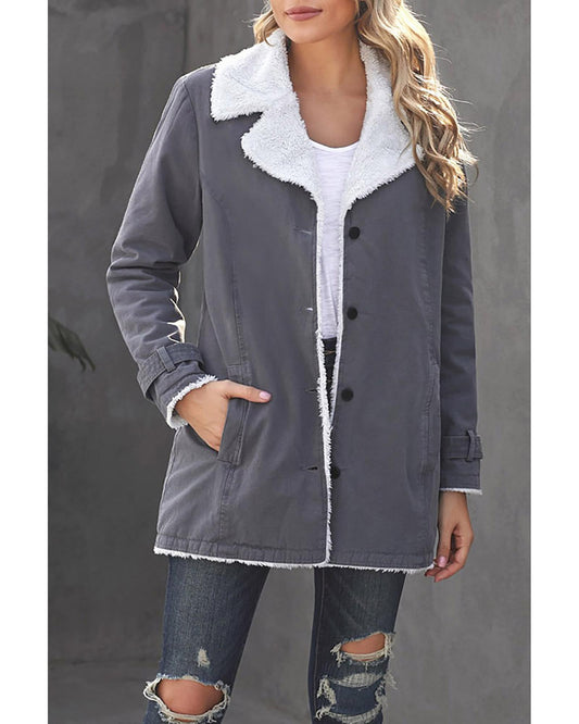 Gray Lapel Collar Button Fleece Jacket