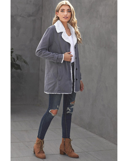 Gray Lapel Collar Button Fleece Jacket