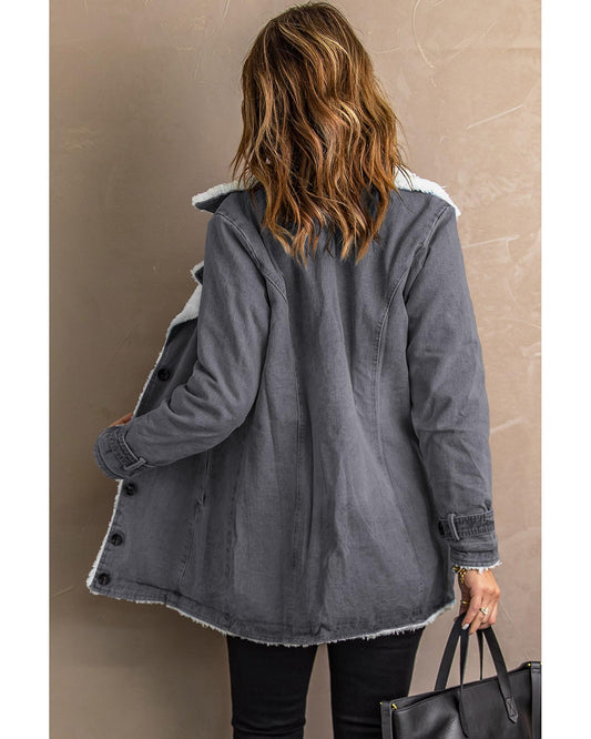 Gray Lapel Collar Button Fleece Jacket