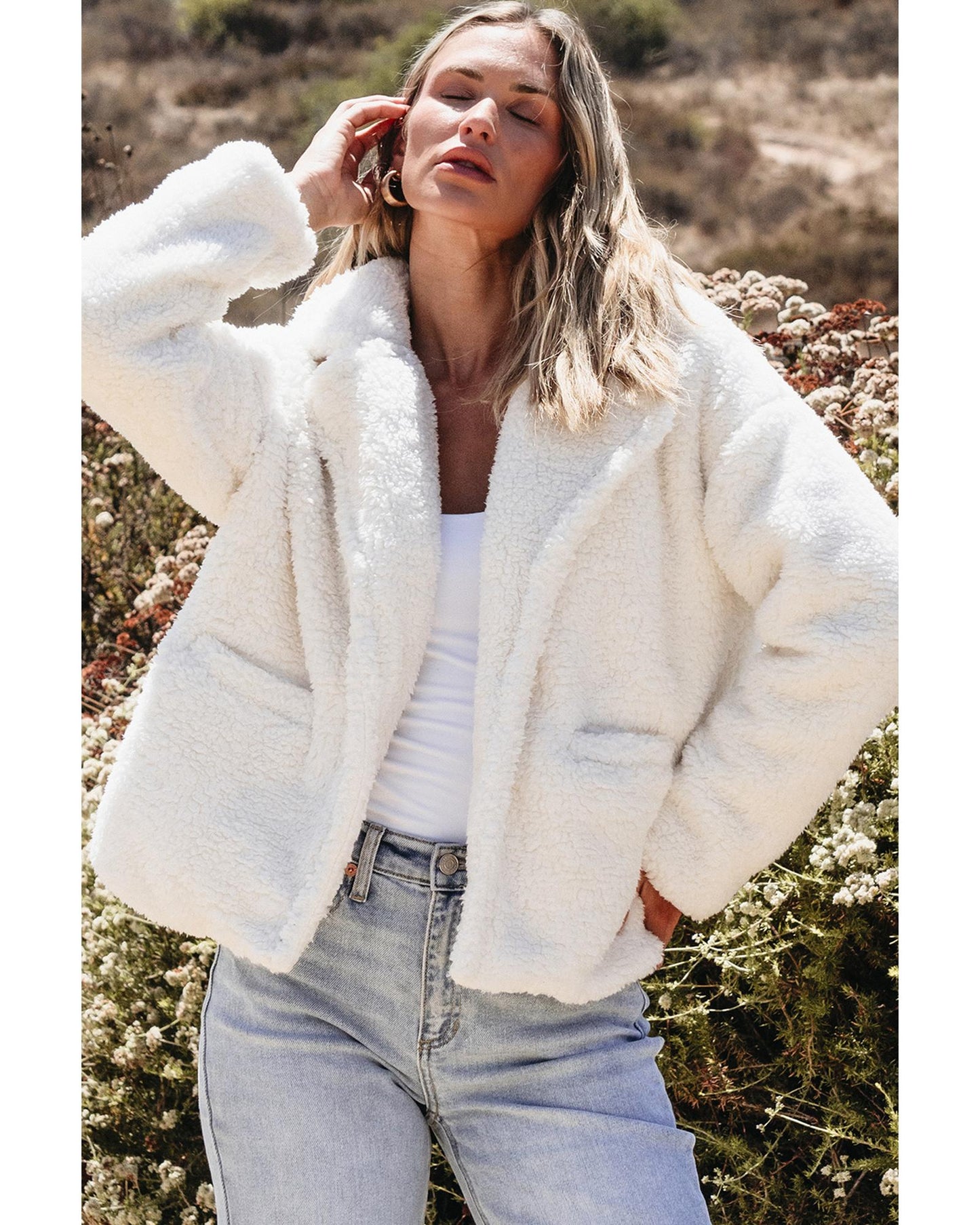 Beige Faux Fur Button Pocketed Lapel Collar Jacket - S