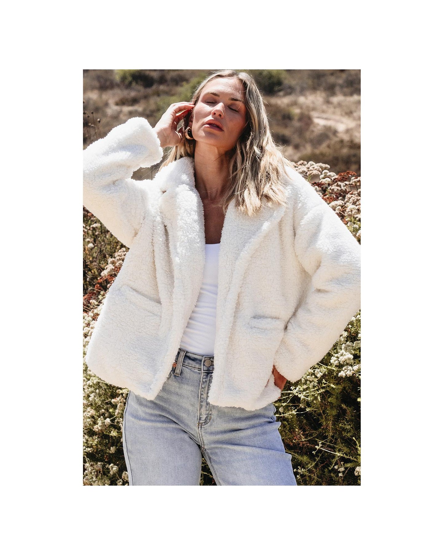 Beige Faux Fur Button Pocketed Lapel Collar Jacket - S