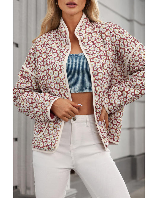Floral Contrast Edge Pocketed Stand Neck Jacket