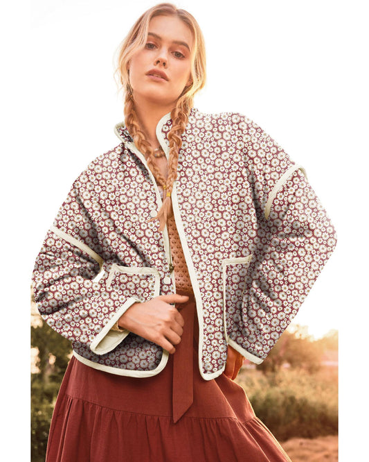 Floral Contrast Edge Pocketed Stand Neck Jacket