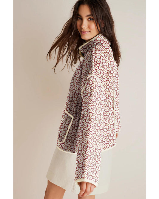 Floral Contrast Edge Pocketed Stand Neck Jacket