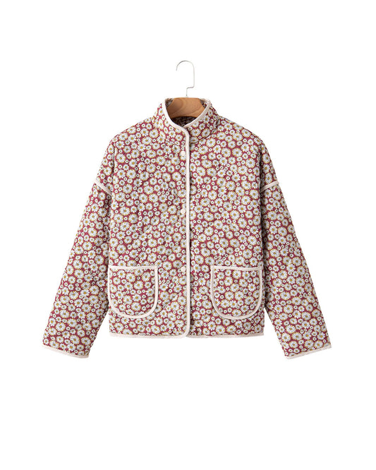 Floral Contrast Edge Pocketed Stand Neck Jacket
