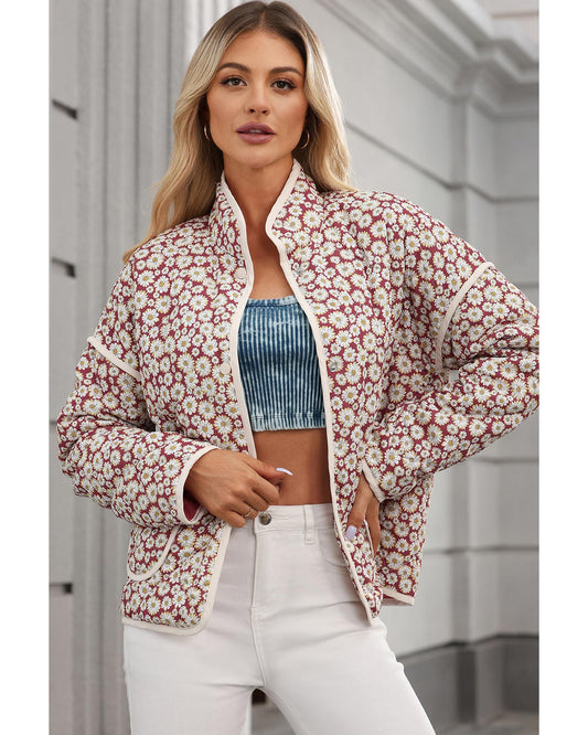 Floral Contrast Edge Pocketed Stand Neck Jacket