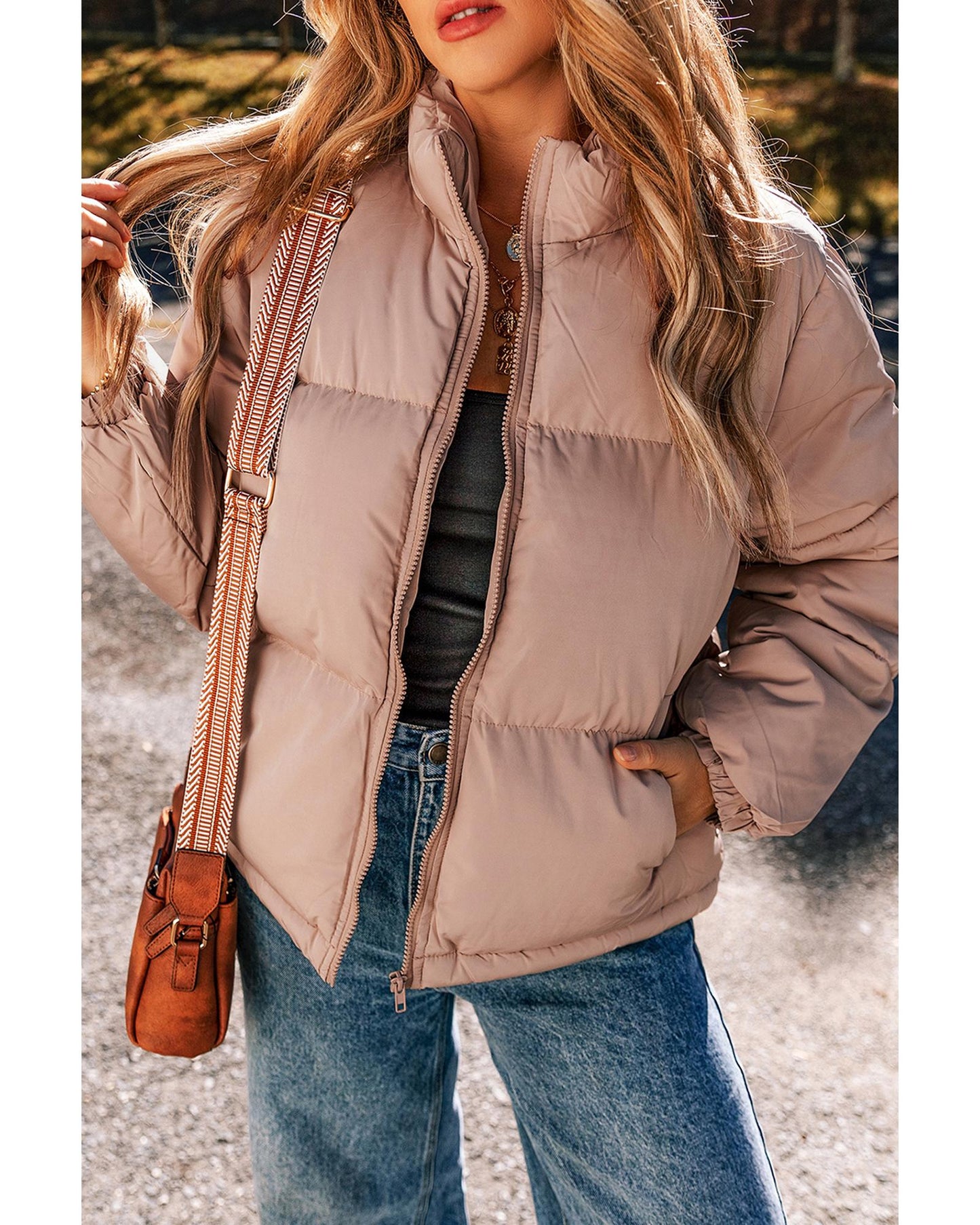 Apricot Pink Full Zipper Quilted Puffer Jacket