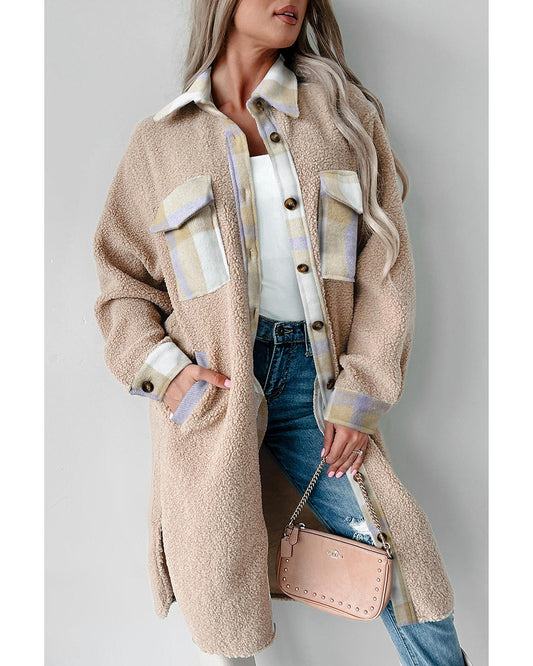 Plaid Patchwork Collared Button-up Sherpa Long Coat