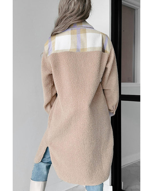 Plaid Patchwork Collared Button-up Sherpa Long Coat