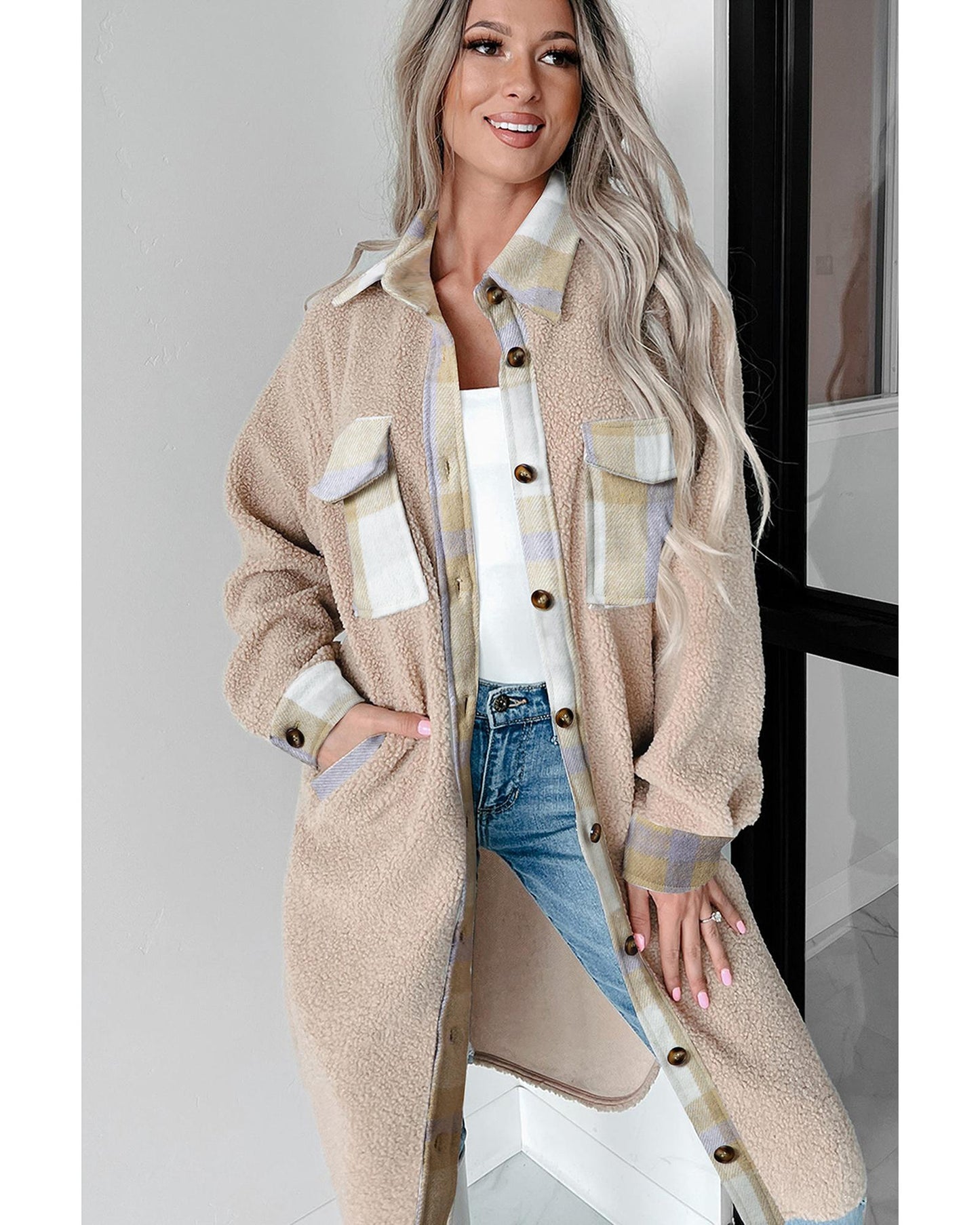 Plaid Patchwork Collared Button-up Sherpa Long Coat